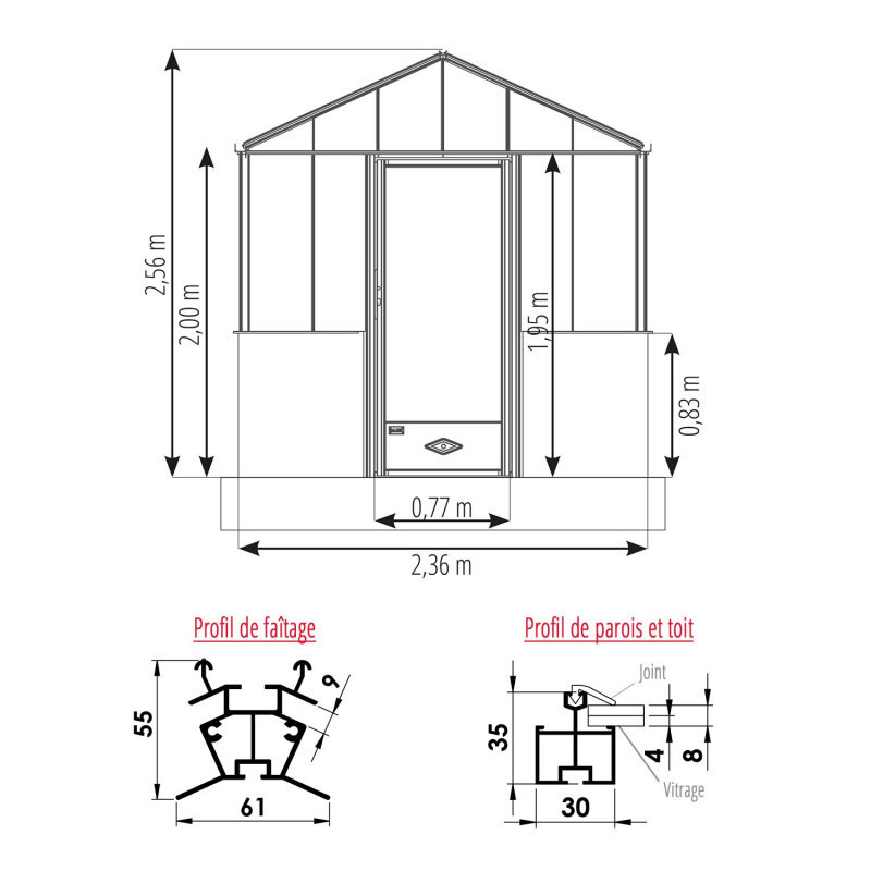 Plan Serre LUXIA Rétro Sur Muret Largeur 2.36 m