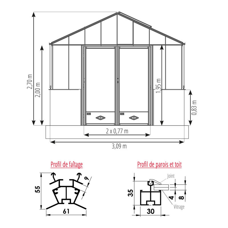 Plan Serre LUXIA Rétro Sur Muret Largeur 3.09 m