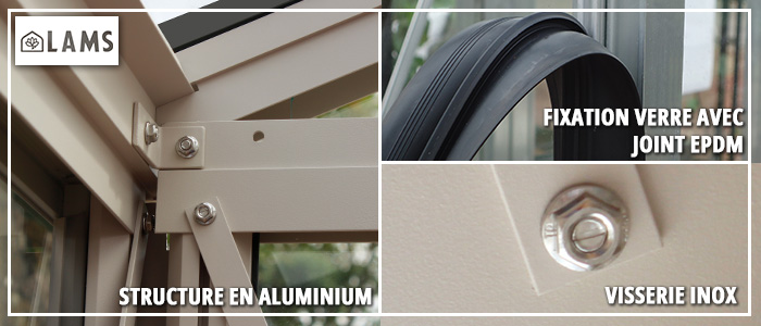 Structure, visserie et fixation des verres - LUXIA ADOSSÉE LARGEUR 3.06 m
